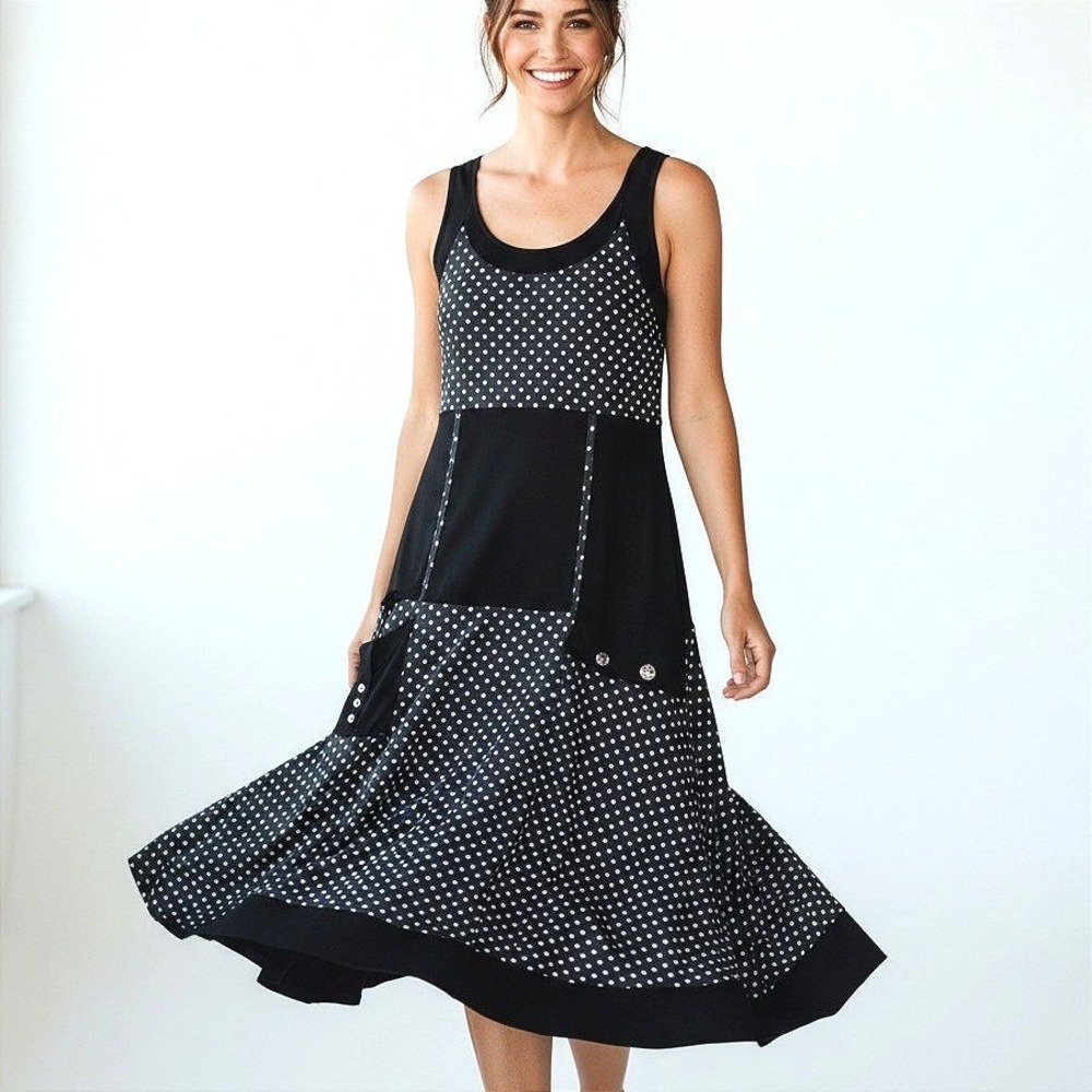 Mango Women Black Polka Dot Colorblock Sleeveless Asymmetrical Dress Size Medium